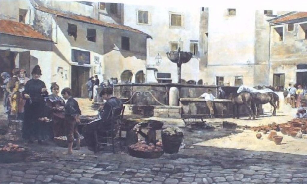 Olio su tela del 1800 che rappresenta Piazza Garibaldi e la Fontana del 1300